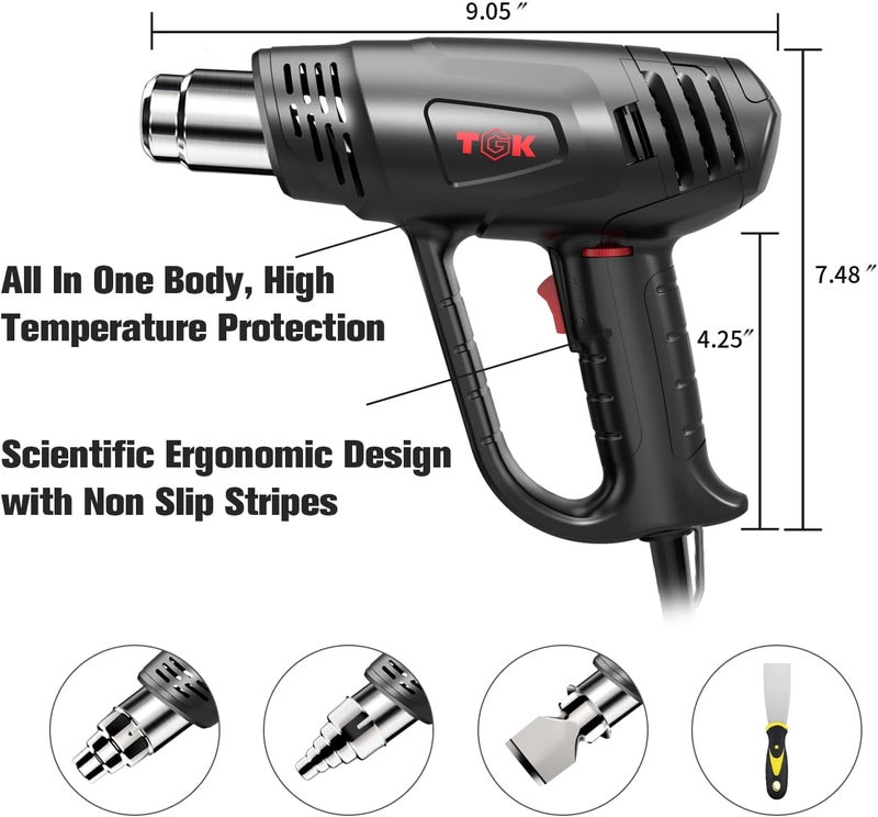 TGK Heat Gun, ® 1800W Heavy Duty Hot Air Gun Kit 122℉~1202℉ Dual Temperature Settings with 3 Nozzle Attachments Overload Protection for Crafts, Shrink Wrapping/Tubing, Paint Removing, Epoxy Resin - Image 4